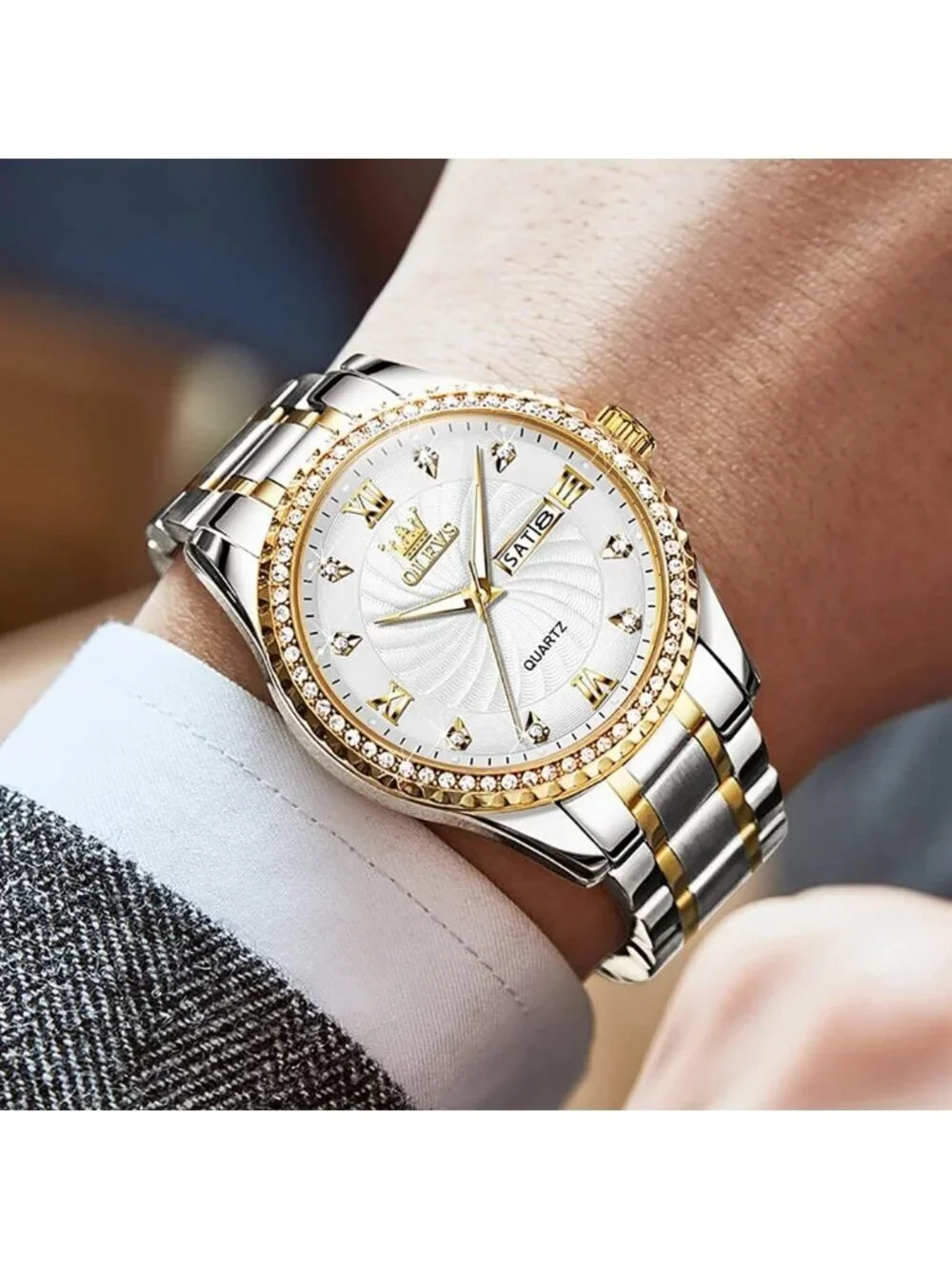 Mens Silver Gold Big Dial Analog Quartz Stainless Steel Relojes Waterproof Watch